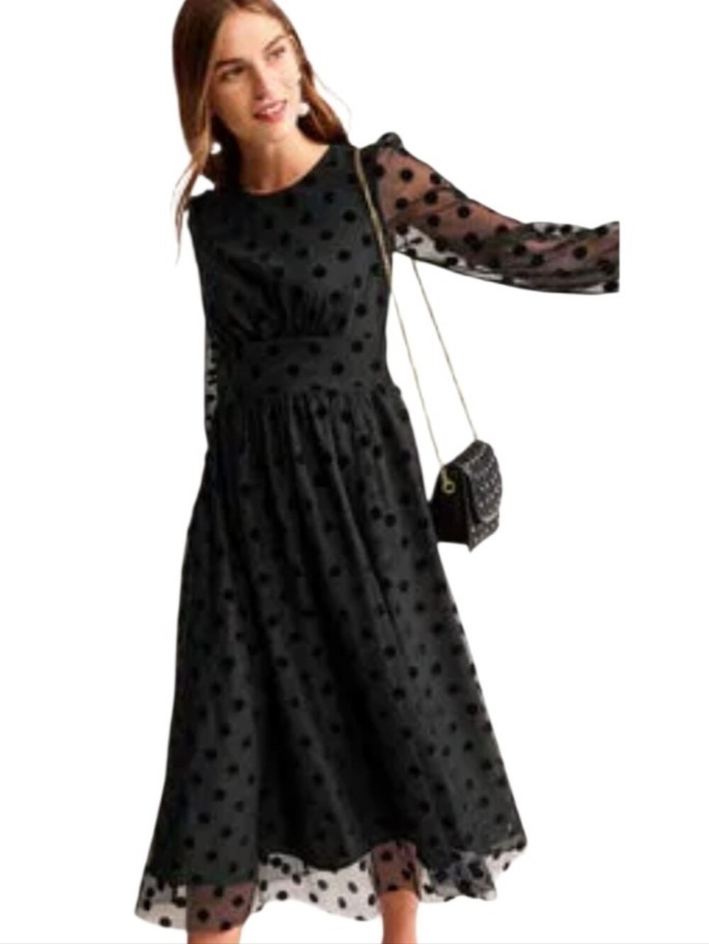 Nwot Boden Black Dot Tulle Longsleeve Emperor Waist Midi Dress
